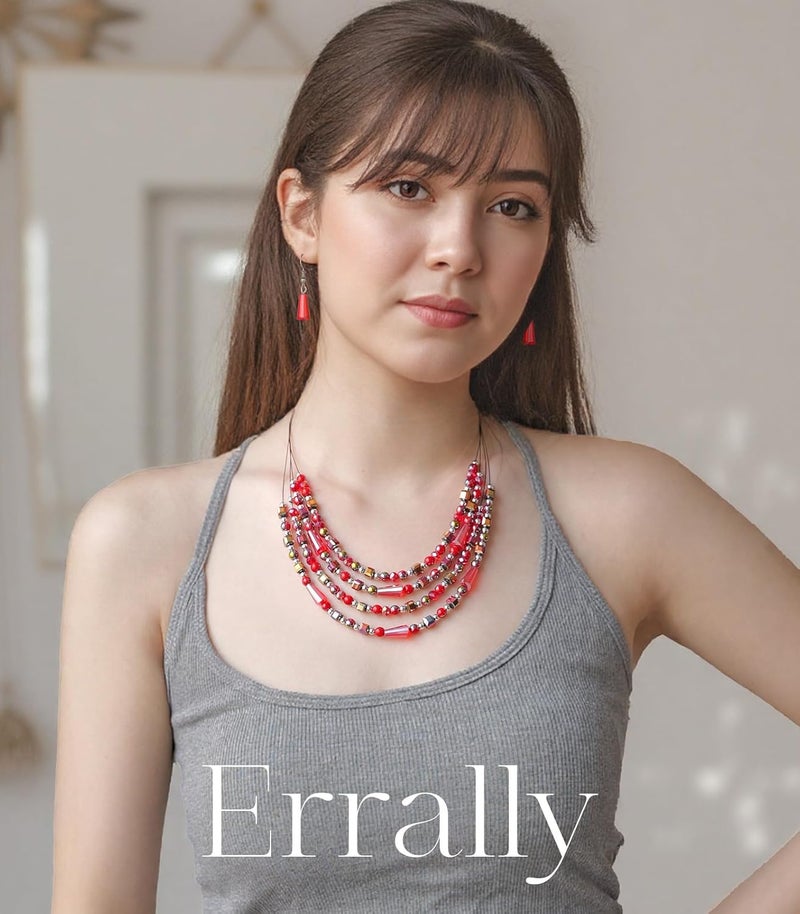 Errally Store Layered Beaded Statement Necklace Multi Strand Crystal Beads Collar Necklace and Earring Sets for Women Fashion Costume Jewelry Set Gifts for Her - Image 3